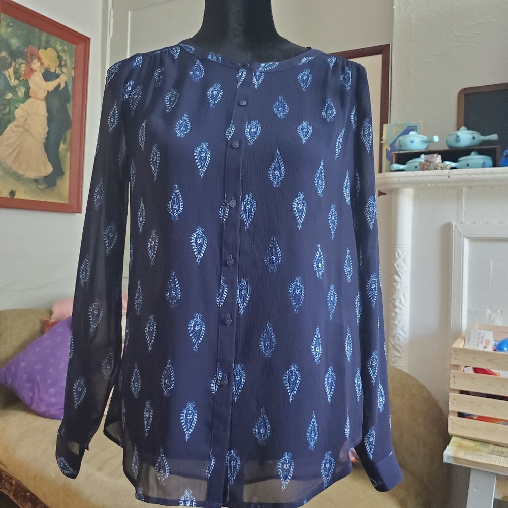 NWOT Lucky Brand Blue Print Sheer Blouse XS